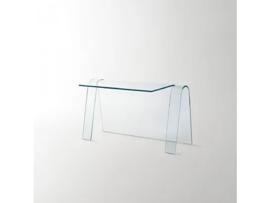 Scrittoio Folio ottenuto da un’unica lastra di cristallo trasparente extralight curvato di Glas Italia