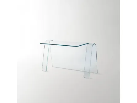 Scrittoio Folio ottenuto da un’unica lastra di cristallo trasparente extralight curvato di Glas Italia