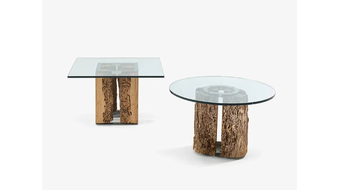 Tavolini Versa & Vice con top in vetro extrachiaro quadrato o tondo e base in legno massello di Briccola di Riva1920