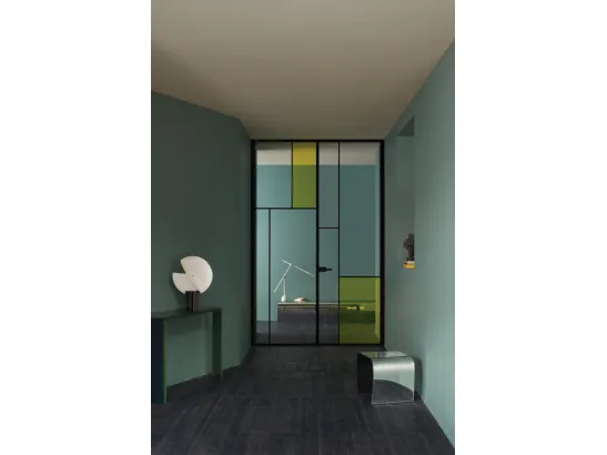 Porta per interni a battente Sherazade Double Swing Slim Jambs Patchwork in vetro con telaio in alluminio di Glas Italia