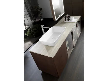 Mobile da Bagno Air in Noce Canaletto con ante in vetro Stopsol Super Silver con top in marmo Tortora striato di Casabath