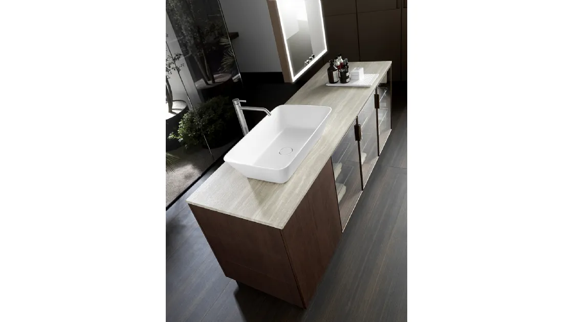 Mobile da Bagno Air in Noce Canaletto con ante in vetro Stopsol Super Silver con top in marmo Tortora striato di Casabath