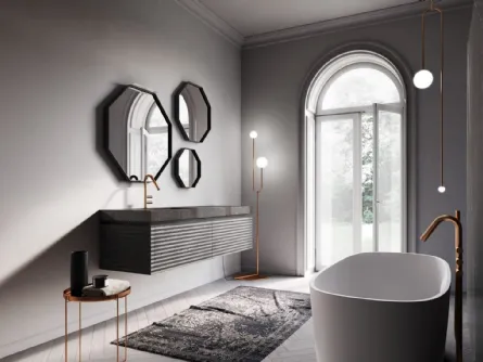 Mobile da Bagno sospeso in Rovere moro ondulato con top in Gres Marquinia lucido Dolcevita 03 di Ideagroup