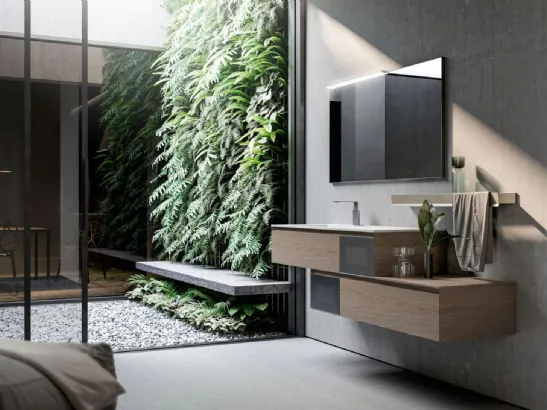 Mobile da Bagno sospeso in Castagno light grey e vetro acidato con profilo in alluminio inox Cubik 12 di Ideagroup