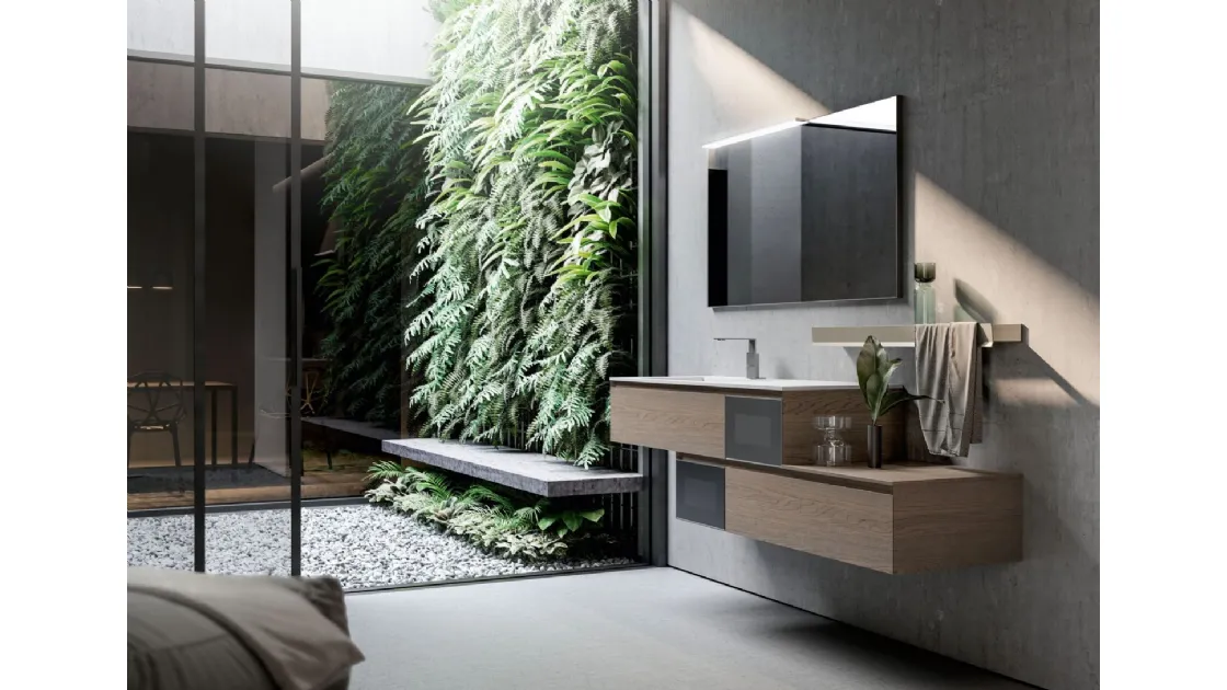 Mobile da Bagno sospeso in Castagno light grey e vetro acidato con profilo in alluminio inox Cubik 12 di Ideagroup