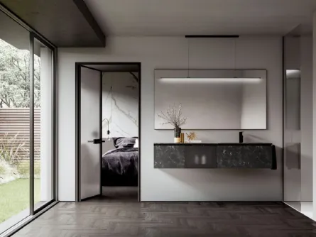 Mobile da Bagno sospesocon base in Hpl Impero e frontali in alluminio nero e vetro acidato Cubik 11 di Ideagroup