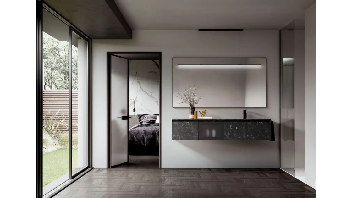 Mobile da Bagno sospesocon base in Hpl Impero e frontali in alluminio nero e vetro acidato Cubik 11 di Ideagroup