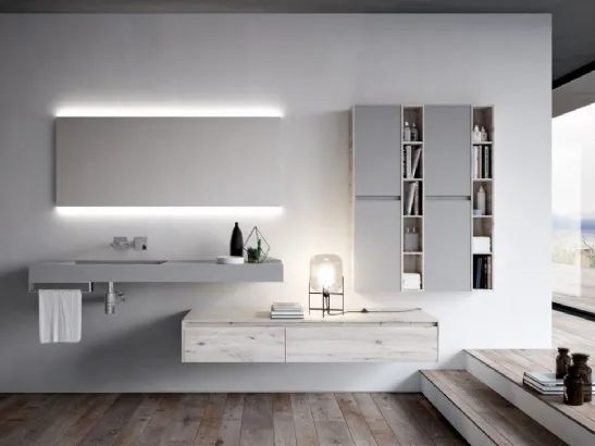 Mobile bagno sospeso con effetto legno bianco/grigio e laccato opaco grigio di Ideagroup