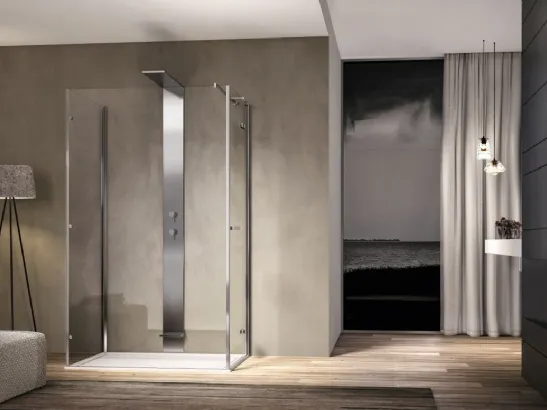 Box doccia moderno a tre laticon porta bettente senta telaio in vetro di Ideagroup