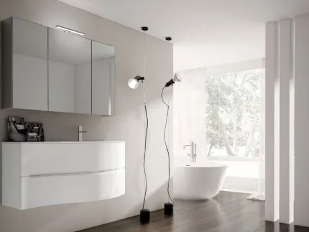 Mobile bagno sospeso curvo laccato lucido bianco e specchiera con contenitore di Ideagroup