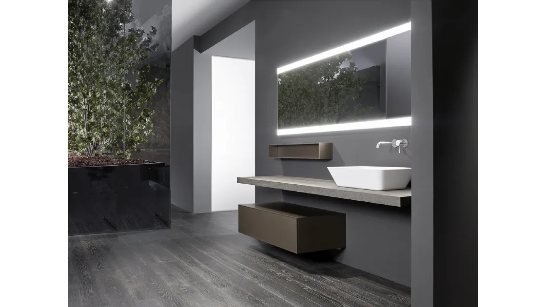 Mobile da Bagno Wave con mensola in Wood Rovere con contenitori laccati effetto metallo di Casabath