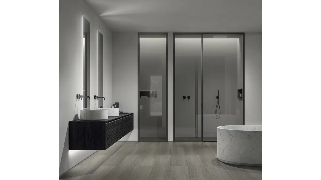 Mobile da Bagno sospeso XL in Rovere Brown con lavabo e vasca in marmo di Casabath