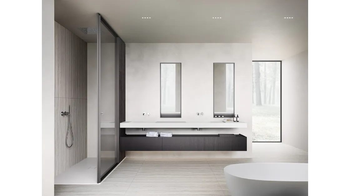 Mobile da Bagno sospeso XS in Rovere finitura Smoke con top in Monolith Bianco di Casabath