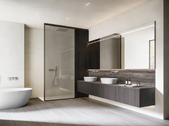 Mobile da Bagno sospeso XS in Rovere laccato Smoke con top in Travertino di Casabath