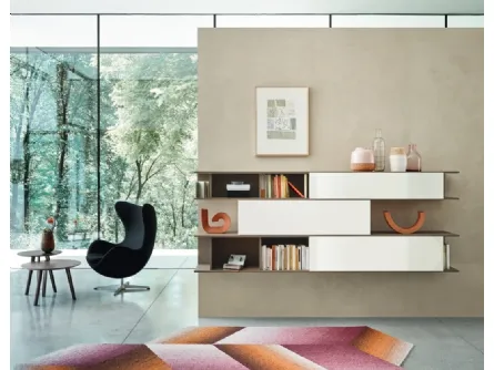 Libreria sospesa Lampo L6C13 in vetro lucido e impiallacciato Rovere di Sangiacomo