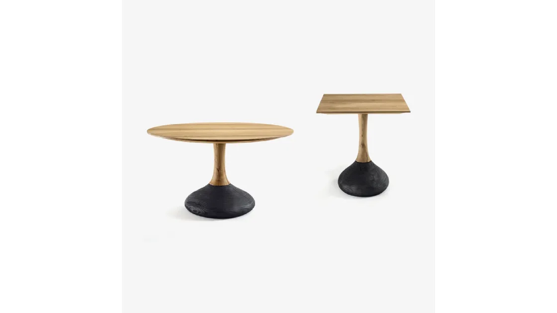 Tavolo Decant Round & Squared in legno massello con piantana in legno di cedro Vulcano di Riva1920