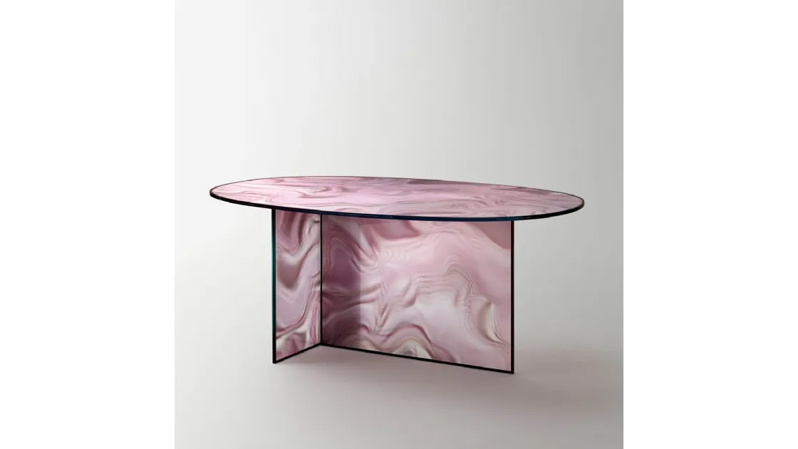 Tavolo Liquefy Ovale in cristallo con decorazione venata ed organica di Glas Italia