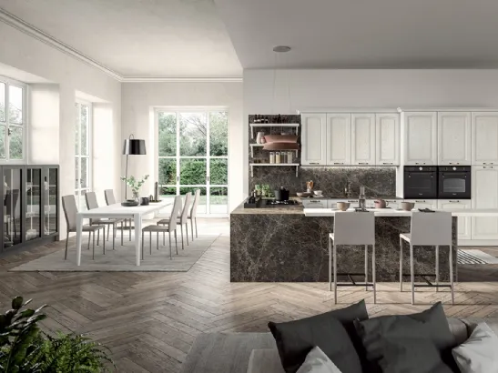 Cucina Classica angolare con penisola in legno di Frassino laccato Bianco a poro aperto e laminato effetto marmo Emma di Arredo3