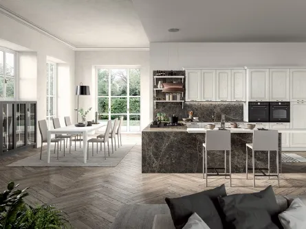 Cucina Classica angolare con penisola in legno di Frassino laccato Bianco a poro aperto e laminato effetto marmo Emma di Arredo3