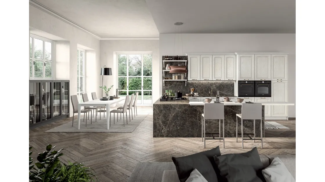 Cucina Classica angolare con penisola in legno di Frassino laccato Bianco a poro aperto e laminato effetto marmo Emma di Arredo3