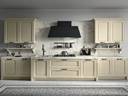 Cucina Classica lineare in legno di Frassino finitura decapè Avorio e top in Dekton effetto marmo Emma di Arredo3