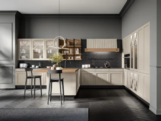 Cucina Classica angolare Frida classic in Frassino massello finitura decapè Fieno con top in quarzo di Arredo3