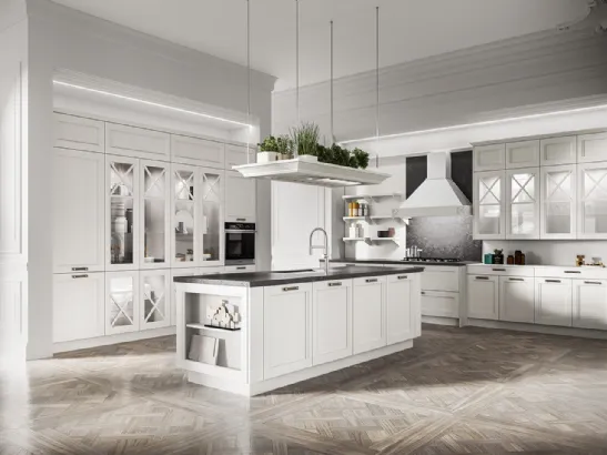 Cucina Classica con isola in legno di Frassino massello laccato Bianco a poro aperto e top in Dekton Fossil Frida classic di Arredo3