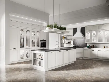 Cucina Classica con isola in legno di Frassino massello laccato Bianco a poro aperto e top in Dekton Fossil Frida classic di Arredo3