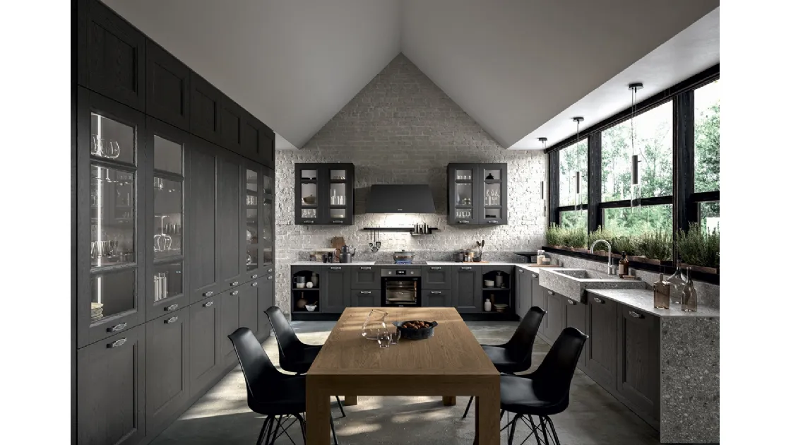Cucina Classica angolare Gioiosa in legno di Frassino laccato Vulcano a poro aperto e top in Infinity Milan Stone, agglomerato di minerali compatto e impermeabile di Arredo3