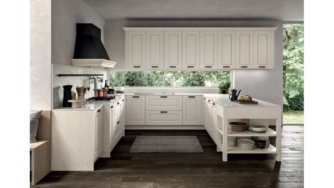 Cucina Classica angolare in Frassino laccato a poro aperto Bianco, tonalità ripresa dal piano di lavoro e dallo schienale in quarzo impero Verona di Arredo3