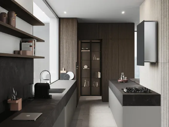 Cucina Design in melaminico con top in laminato HPL finitura stone black Sistemi 2|1|E#20 di Copat Life