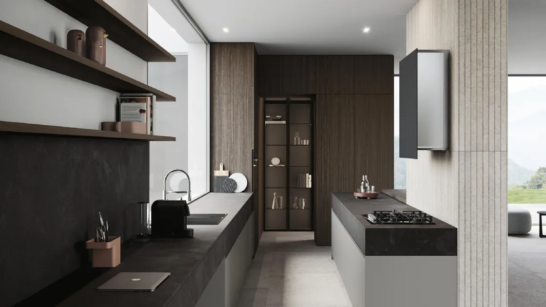 Cucina Design in melaminico con top in laminato HPL finitura stone black Sistemi 2|1|E#20 di Copat Life
