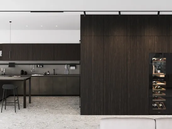 Cucina Design con penisola in rovere moro e laccato effetto metallico Sistemi 3|1|B22 di Copat Life