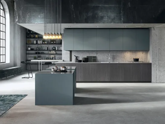 Cucina Design lineare in finitura olmo e laccato opaco con top in acciaio Sistemi 3|1|O di Copat Life
