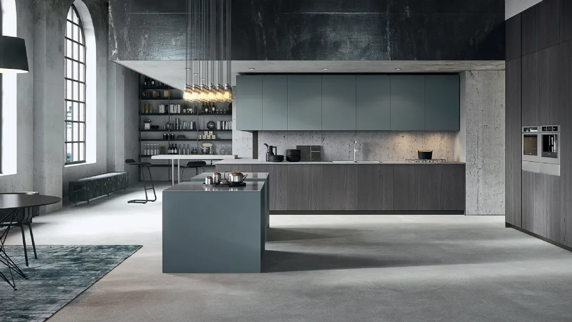 Cucina Design lineare in finitura olmo e laccato opaco con top in acciaio Sistemi 3|1|O di Copat Life