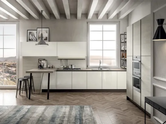 Cucina Moderna in laccato lucido e laminato Rovere Atalanta con penisola Cloe di Arredo3