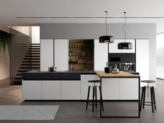 Cucina Moderna Glass 2 0 in vetro opaco bianco puro con penisola in laminato Noce Imperial di Arredo3