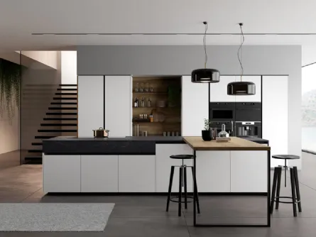 Cucina Moderna Glass 2 0 in vetro opaco bianco puro con penisola in laminato Noce Imperial di Arredo3
