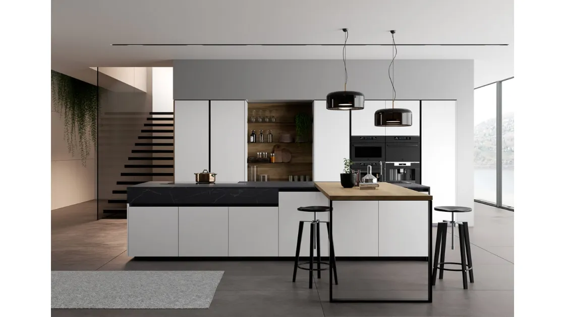Cucina Moderna Glass 2 0 in vetro opaco bianco puro con penisola in laminato Noce Imperial di Arredo3