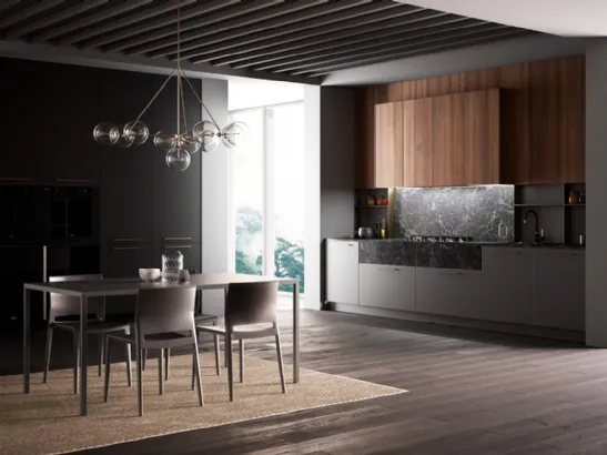 Cucina Moderna Kalì in laccato Lavagna opaco e laminato Noce America con top e schienali in laminato Pietra nera di Arredo3