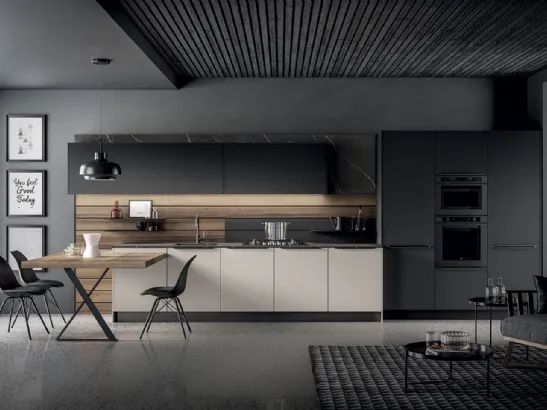 Cucina Moderna Kalì in laccato Fango e Nero opaco e laminato Noce America di Arredo3