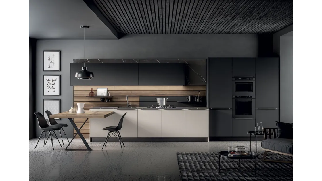 Cucina Moderna Kalì in laccato Fango e Nero opaco e laminato Noce America di Arredo3