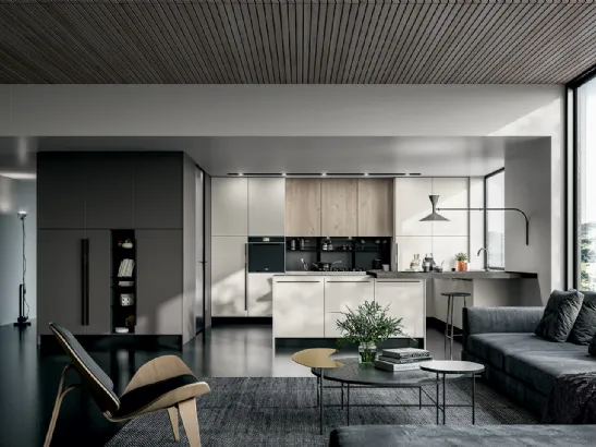 Cucina Moderna Round angolare con penisola in laminato Seta Bianco e Roccia con top in Quarzo di Arredo3