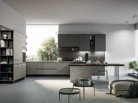 Cucina Moderna angolare in Pet opaco resina polvere, pensili in polimerico opaco lavagna e top in pietra grey con penisola Tekna di Arredo3
