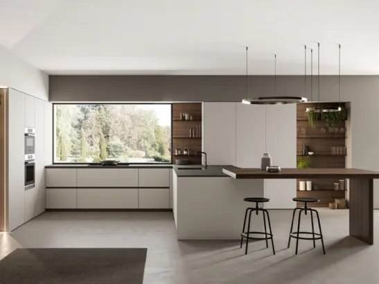 Cucina Moderna angolare laccato opaco Nebbia con penisola in Eucalipto Noce Time di Arredo3