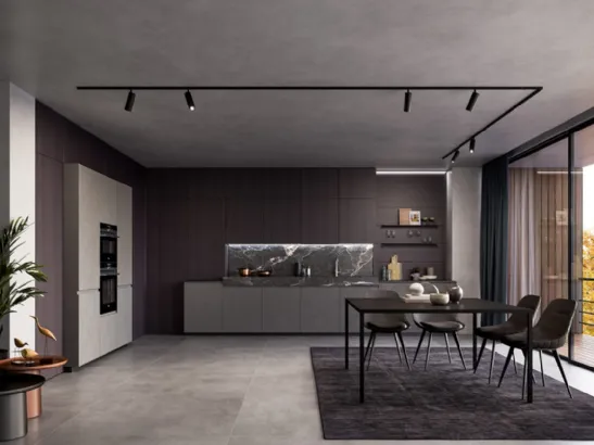 Cucina Moderna lineare in laminato Resina Cromo e impiallacciato Coke con top in ceramica effetto Marmo Nero rigato Wega di Arredo3